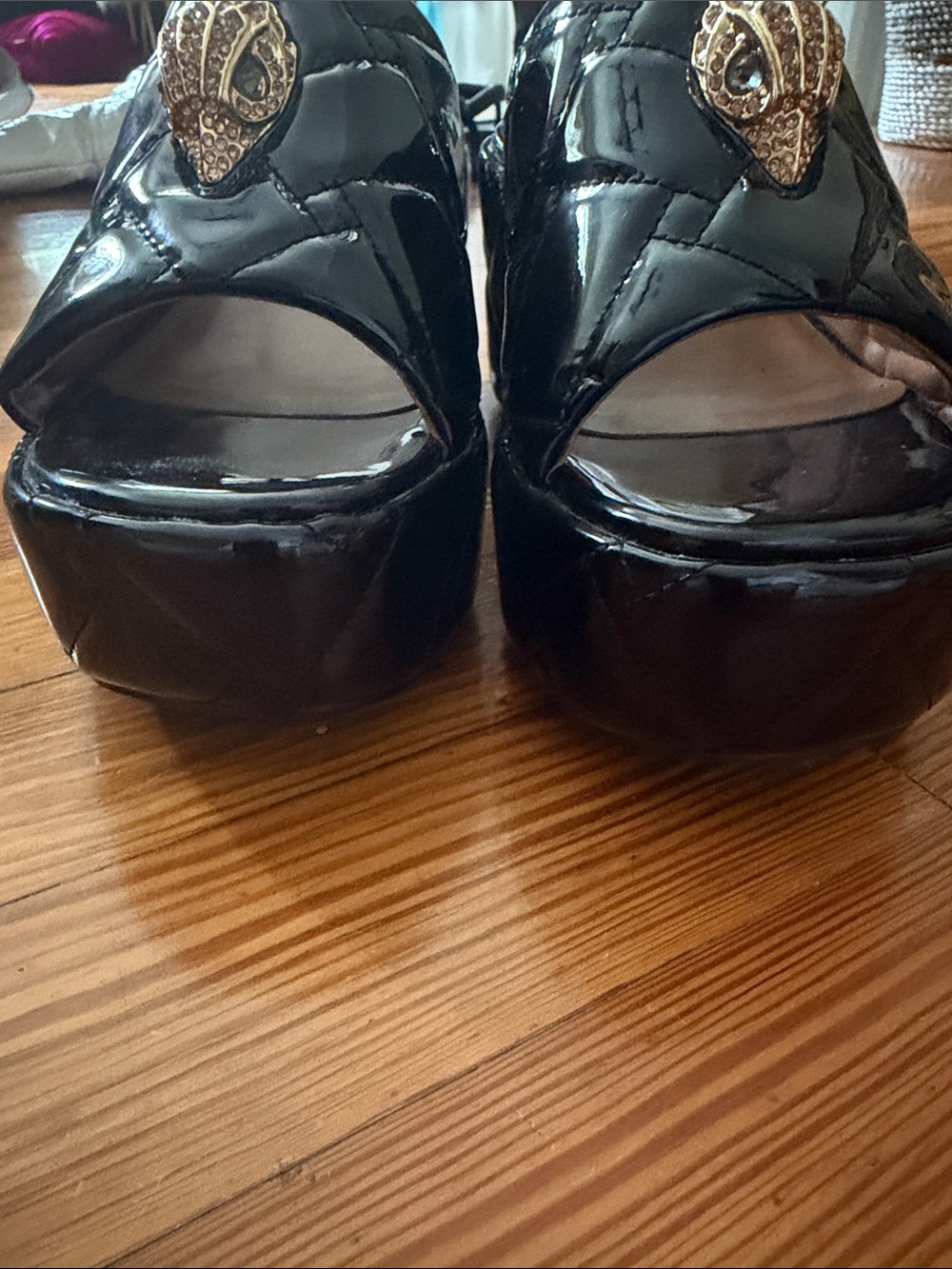 Kurt Geiger Black Patent Quilted Platform Slide with Gold Medallion - Picture 10 of 11